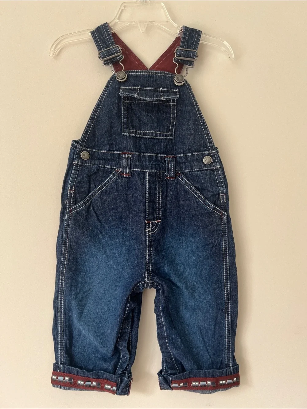 Gymboree Dark Blue Denim Overalls with Maroon Trim